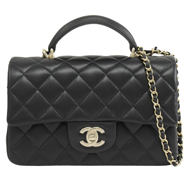 【CHANEL 香奈兒】經典雙C LOGO菱格小羊皮兩用鍊包(黑/金 20cm)