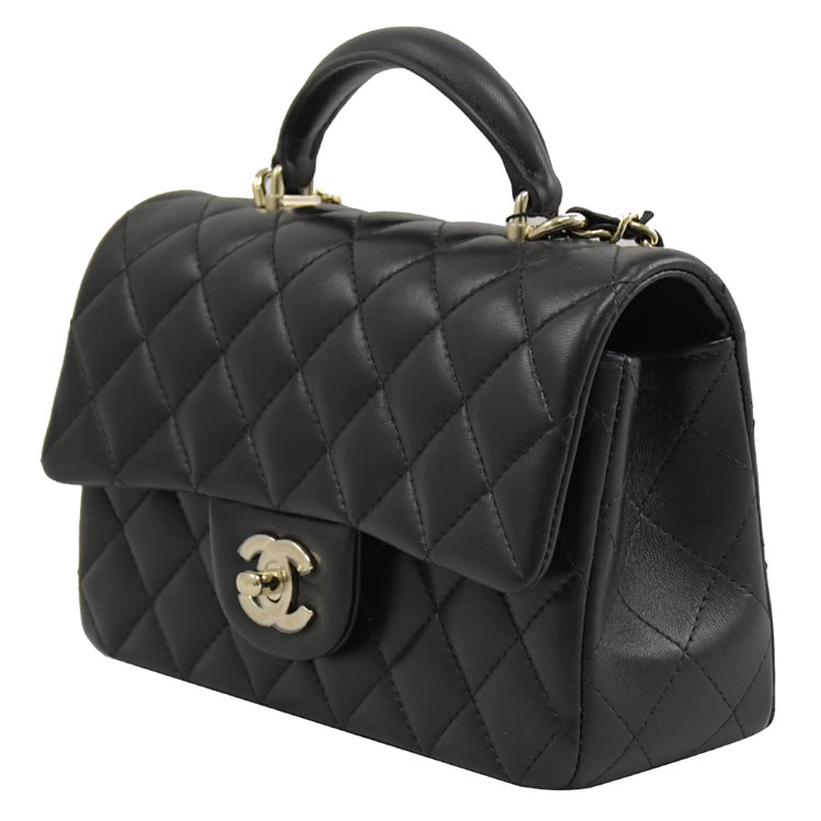 【CHANEL 香奈兒】經典雙C LOGO菱格小羊皮兩用鍊包(黑/金 20cm)