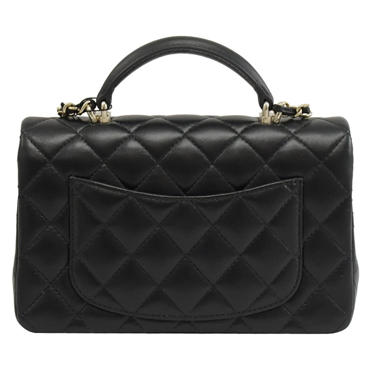 【CHANEL 香奈兒】經典雙C LOGO菱格小羊皮兩用鍊包(黑/金 20cm)